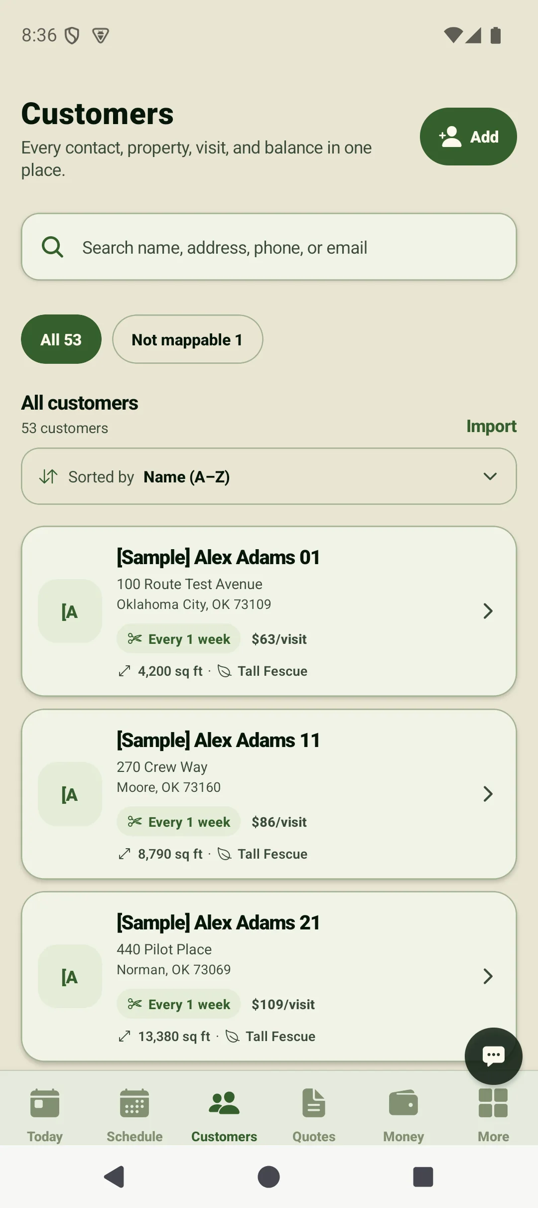 Business Suite customer list on a phone