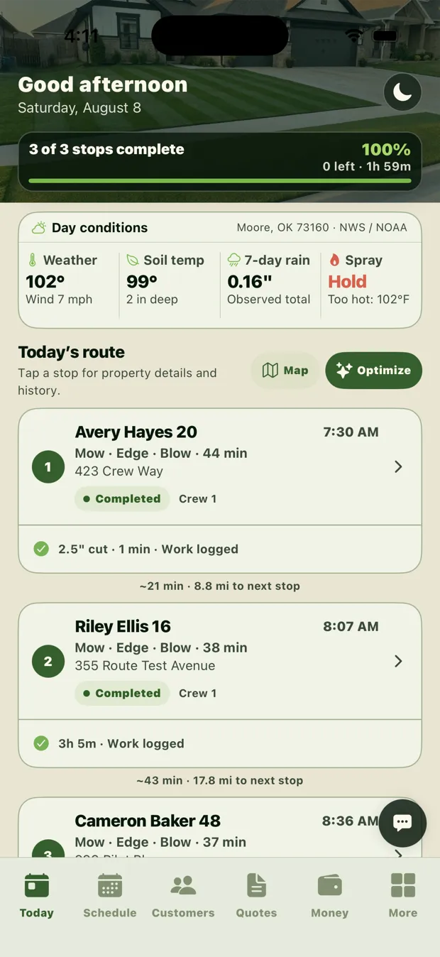 Business Suite route with stops, crew, drive time, and work status