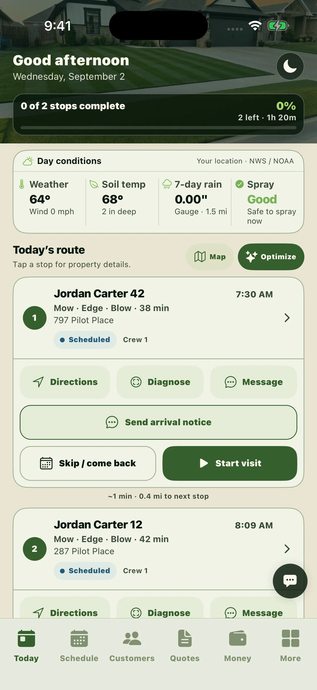 The Today tab: the day’s conditions, spray call, and the crew’s stops in order.